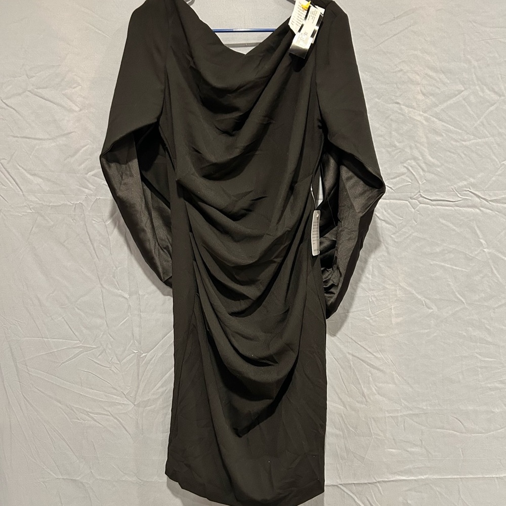 Chic Black Draped Long Sleeve Dress